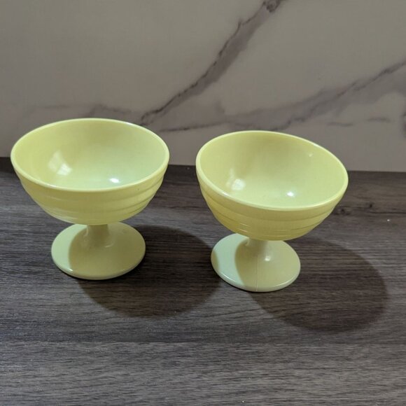Hazel Atlas Pair Of Vintage Yellow Sherbet Cups Pedestal Design Retro Tableware - Picture 3 of 6